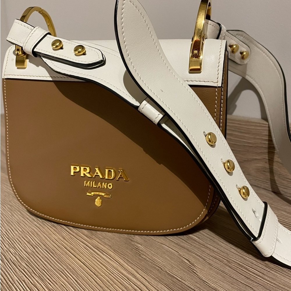 Prada Brown and White Crossbody Bag with Gold Hardware